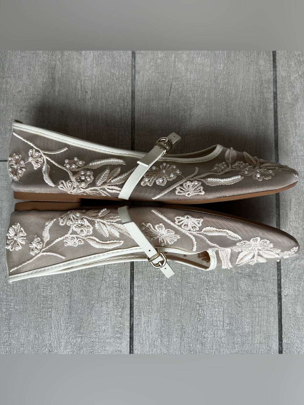 Zara Mesh Embroidered Ballet Floral Pearls Lace Flats Shoes Cream 8 Wedding Shoe - Picture 10 of 14